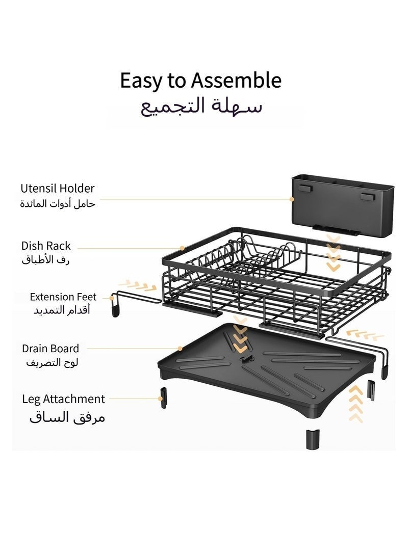 Bukela Dish Drying Rack - Extendable Dish Rack, Large Sink Drying Dish Drainer for Kitchen Counter, Stainless Steel Dish Strainer with Utensil Holder, Black (Upgraded version) - Image 3
